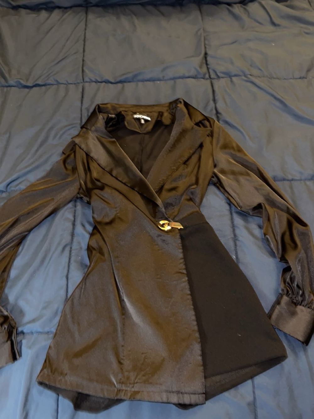 Fashion Nova Black Satin Wrap Blazer with Gold Accent